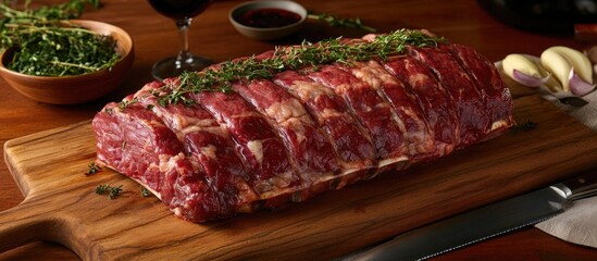 Poster - Juicy beef rib roast garnished with fresh herbs presented on a wooden cutting board with dark accents in a rustic kitchen setting