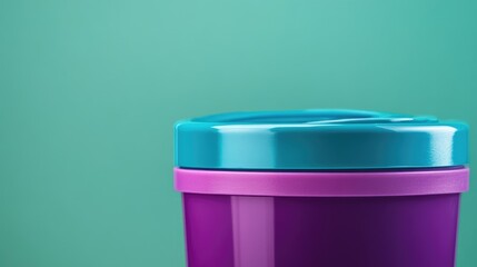 Poster - Close up of a vibrant purple storage container with a turquoise lid on a solid colored background offering ample empty space for text.