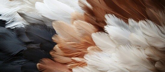 Poster - Colorful chicken feather texture close-up highlighting intricate patterns and natural hues for background or design use.