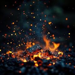 Wall Mural - Fire with sparks and glowing embers in dark background for zen atmosphere