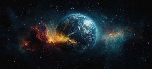 Wall Mural - Earth from Space Stunning View with Stars and Galaxy Sunrise Over the Planet