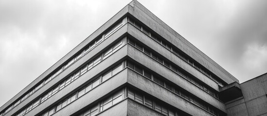 Aufkleber - Brutalist architectural structure showcasing sharp lines and an industrial aesthetic with ample space for text overlay in black and white.