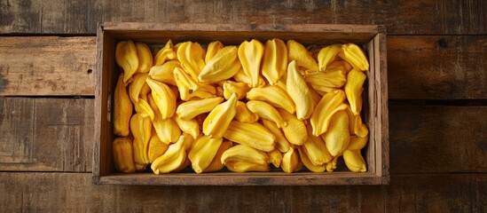 Aufkleber - Box of ripe yellow jackfruit flesh neatly arranged on a rustic wooden surface showcasing its vibrant color and texture.