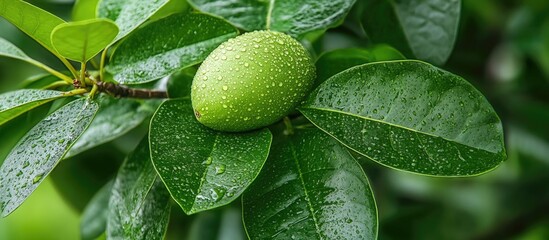 Poster - Lush Green Guava Leaves with Dew Drops Showcasing Nature's Vibrancy and Freshness