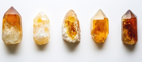 Poster - Citrine crystal points with inclusions arranged on a white background showcasing unique natural beauty and textures with space for text.