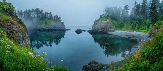 Poster - Chapman Cove serene landscape with misty atmosphere and lush green vegetation in the Pacific Northwest region of the United States.