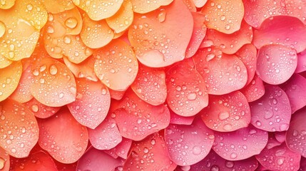 Poster - Colorful rose petals adorned with dew drops in soft light creating a serene background with ample copy space for artistic text or design.
