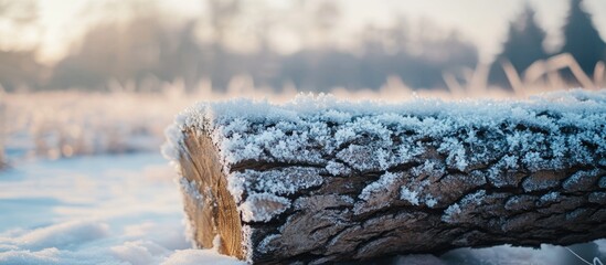 Poster - Frosted Tree Trunk in Winter Landscape with Snow and Ice Glimmering in the Morning Light