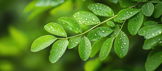 Poster - Close up macro image of fresh green leaves showcasing midrib and pinnately netted veins with water droplets on a blurred background