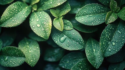 Poster - Close up of vibrant green leaves with water droplets creating a fresh and natural background with space for text insertion