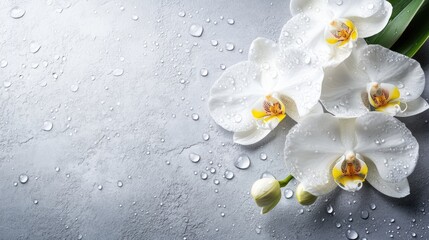 Poster - Close up of delicate white orchid flowers with water droplets on textured background and empty space for text or design elements.