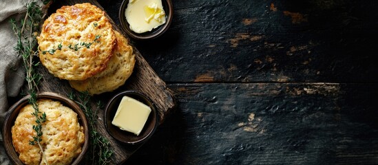 Poster - Delicious cheese scones served on a rustic wooden table with butter and herbs creating an inviting kitchen atmosphere