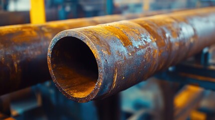 Poster - Industrial Close-Up of Rusty Steel Pipe with Copy Space for Text in Manufacturing and Fabrication Environment