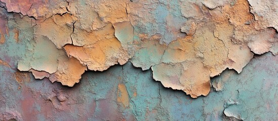 Poster - Textured close-up of a weathered and cracked wall showcasing peeling paint in earthy tones and intricate details