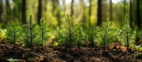 Poster - Fresh green spruce saplings growing in sunny forest soil surrounded by blurred trees creating a serene and natural background for decoration.