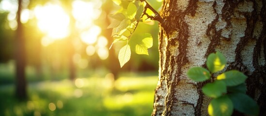Poster - Close up view of a tree trunk with sunlight filtering through leaves in a serene forest setting showcasing nature's details and textures.