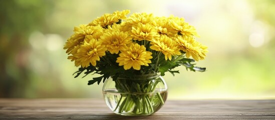 Poster - Vibrant bouquet of blooming yellow chrysanthemums in a clear glass vase with a soft green background
