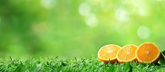 Poster - Citrus Fruits on a Lush Green Background with Space for Text and Design Elements