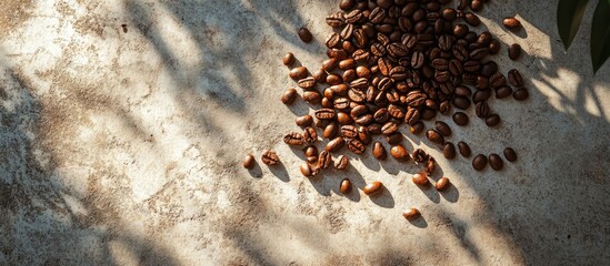 Poster - Coffee beans scattered on a textured cement floor with dramatic leaf shadow overlays creating a warm and inviting atmosphere