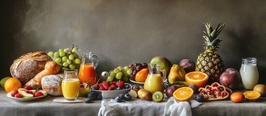 Poster - Breakfast Table Spread with Fresh Fruits Juices Milk Bread and Empty Space for Text Perfect for Culinary or Nutrition Themes
