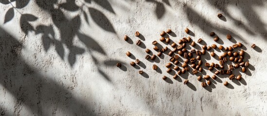 Poster - Coffee beans scattered on a textured cement floor with delicate leaf shadow patterns creating an artistic layout.