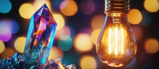 Poster - Close up of a colorful crystal and glowing light bulb against a blurred bright background showcasing artistic lighting and decoration elements