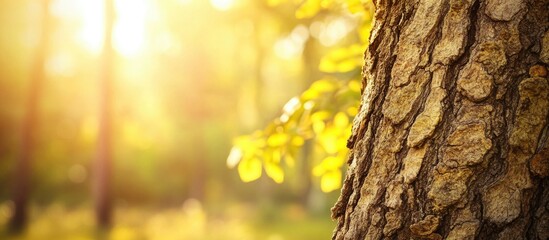 Poster - close up view of textured tree bark with soft sunlight and blurred greenery in the background creati
