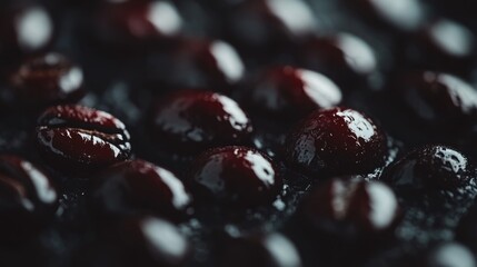 Poster - Close up of glossy dark coffee beans highlighting rich textures perfect for coffee lovers and beverage presentations with blank space for text