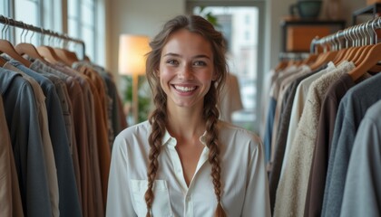 Canvas Print - A bright and cheerful young woman with long braided hair stands confidently in a stylish clothing store, surrounded by neatly arranged garments. Her warm smile radiates positivity, inviting shoppers