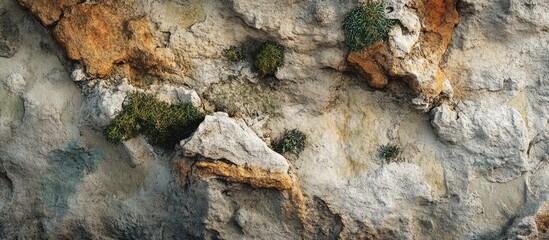 Poster - Detailed close-up of a textured natural stone wall featuring moss and lichen in earthy colors and intricate patterns for background design.