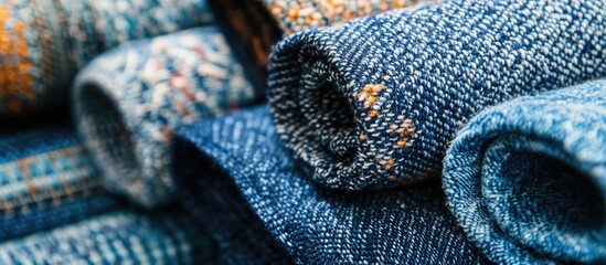 Poster - Close-up of rolled blue jeans showcasing intricate denim texture and patterns for fashion or textile industry use.