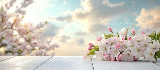 Poster - Blossoming cherry branch on a white table against a spring sky background perfect for seasonal promotions or greeting card designs