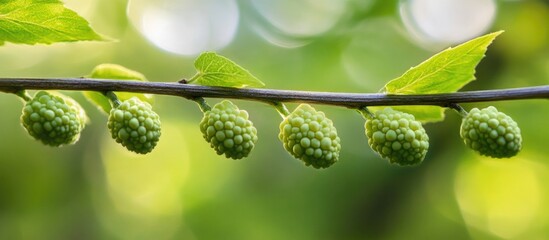 Poster - Green bumps on a branch showcasing unique growth in a serene Latvian forest environment with soft bokeh lighting effects.