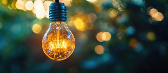 Poster - Vintage light bulb glowing warmly against a blurred outdoor background highlighting the beauty of illuminated interiors in nature.