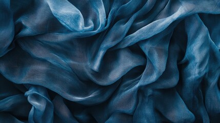 Poster - Close up of elegant indigo chiffon fabric showcasing soft folds and textures with ample empty space for promotional text or designs