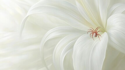 Poster - Close up of a white lily featuring a small red spider on the underside with ample empty space for text or graphics