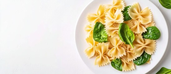 Poster - Bow tie pasta with fresh spinach on a white plate placed against a clean background for text insertion and food presentation design.
