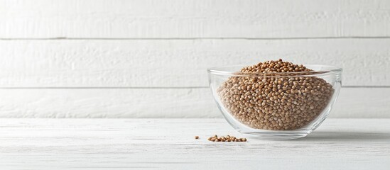 Poster - Buckwheat grains in a glass bowl on a white wooden surface showcasing its natural texture and color for healthy food concepts.