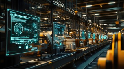 Poster - Machines on a factory floor connected via a 5G network, each labeled with digital identifiers, demonstrating the power of synchronized industrial processes.