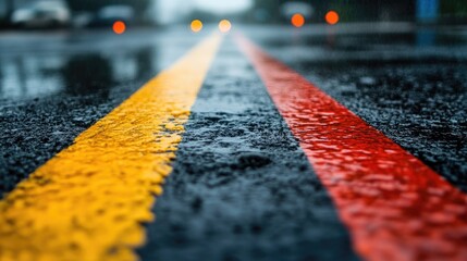 Poster - Close up of wet road surface featuring colorful traffic lines and illuminated bokeh background creating an empty space for text or graphics