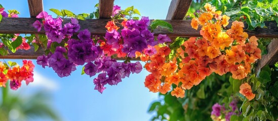 Poster - Vibrant Bougainvillea Flowers in Full Bloom Against a Bright Blue Sky and Wooden Pergola.