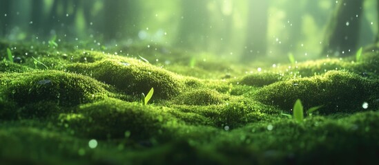 Poster - Lush green moss on forest ground illuminated by soft sunlight creating a serene natural atmosphere with sparkling particles.