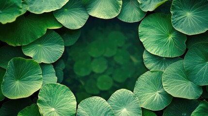Poster - Vibrant green leaves forming a circular frame on a lush green background with space for text or design elements.