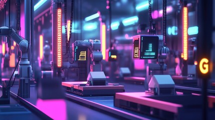 Poster - Machines on a factory floor connected via a 5G network, each labeled with digital identifiers, demonstrating the power of synchronized industrial processes.