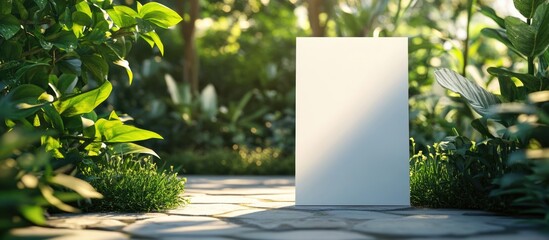 Aufkleber - Brochure mockup in a lush garden setting with natural light and space for customization or branding text.