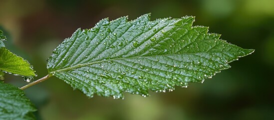 Poster - Fresh spring green leaf with textured surface and water droplets glistening in natural light for nature and botanical themes