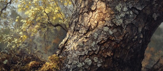 Poster - Detailed close-up of a tree trunk showcasing textured bark and natural surroundings in warm autumn colors
