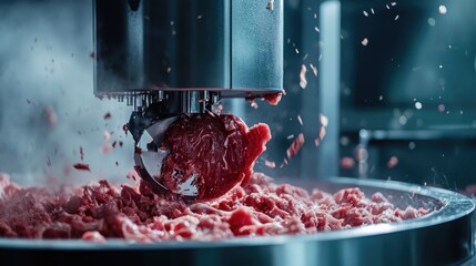 Poster - Meat being processed through a high-tech industrial grinder, demonstrating the efficiency and scale of meat production in a factory setting.