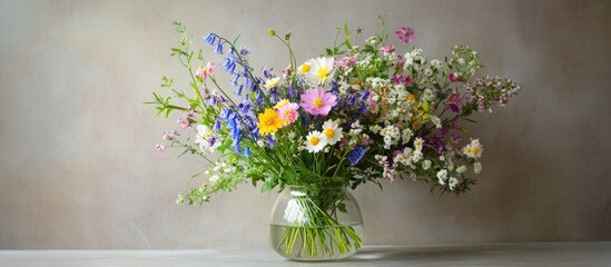 Poster - Vibrant bouquet of assorted spring forest flowers arranged in a clear glass vase on a softly textured background