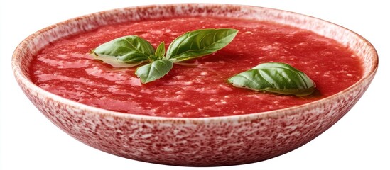 Poster - Bowl of vibrant homemade tomato soup garnished with fresh basil leaves against a clean white background